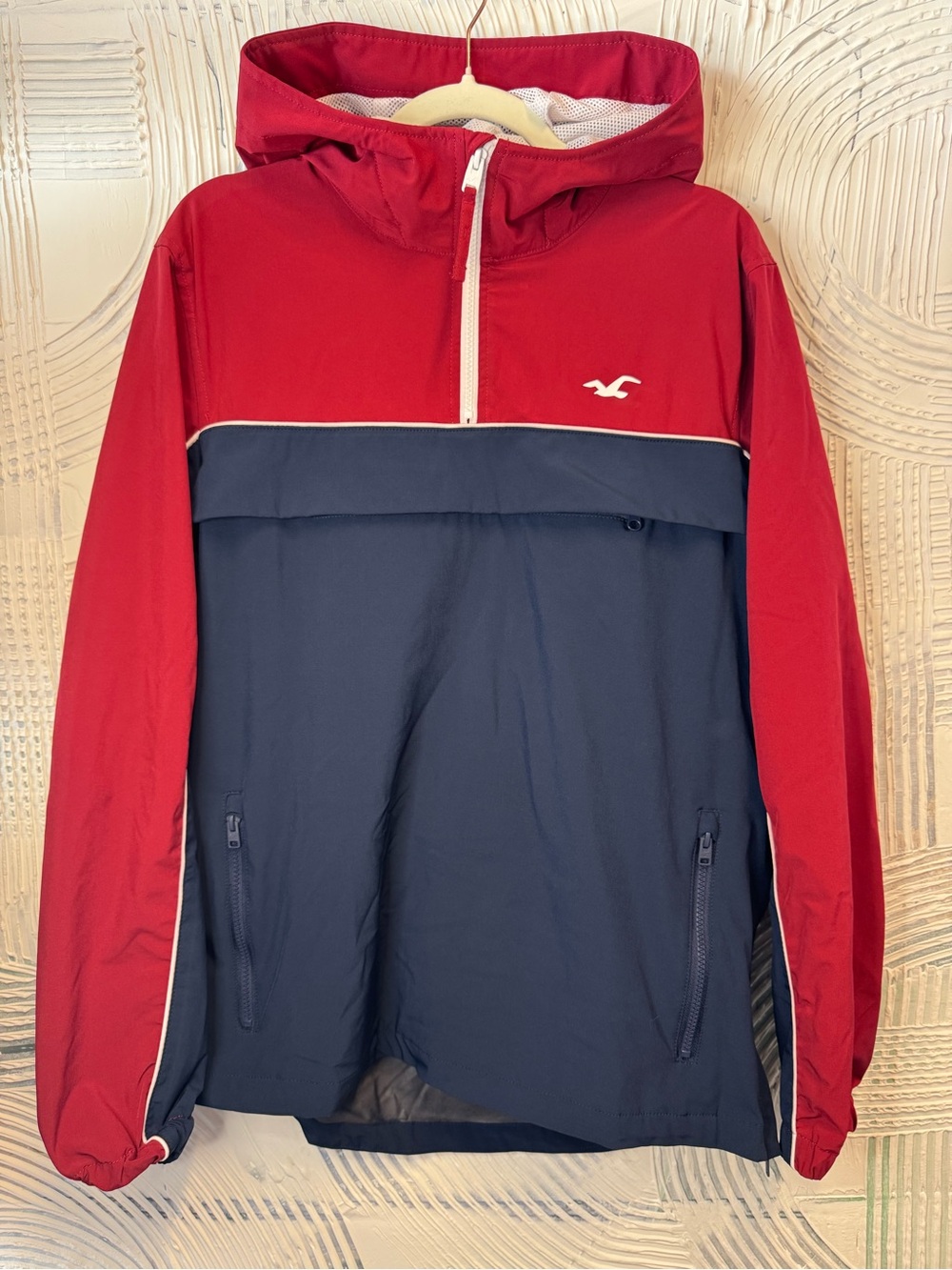 Hollister Red and Navy Hooded Windbreaker Jacket